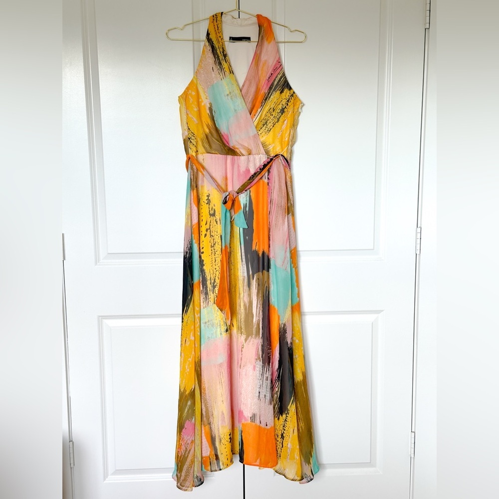 Chetta B Halter Tie Front Maxi Dress in Pink and Orange - Picture 5 of 15
